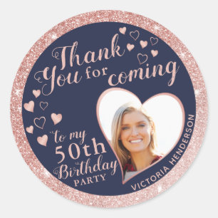Sticker Rond 50e anniversaire Marine Bleu et Rose Merci d'or