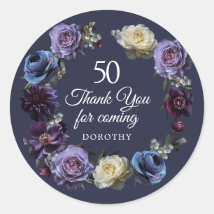 Sticker Rond 50e anniversaire Moody Purple Flower Merci Favor
