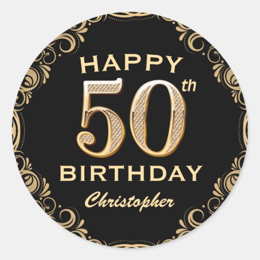 Sticker Rond 50e anniversaire Parties scintillant noir et or ca (Devant)