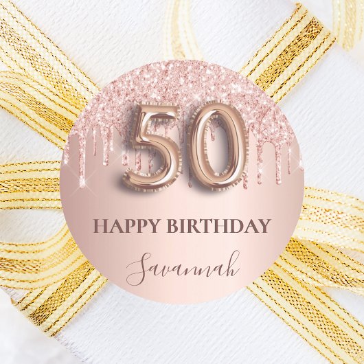 Sticker Rond 50e anniversaire rose gouttes rose or
