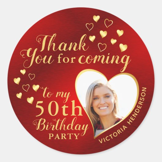 Sticker Rond 50e anniversaire Rouge et Gold Favor Merci (Devant)