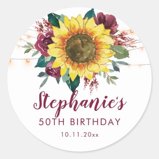 Sticker Rond 50e anniversaire Sunflower Lights Floral Party (Devant)