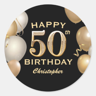 Sticker Rond 50e fête d'anniversaire Ballons noirs et or