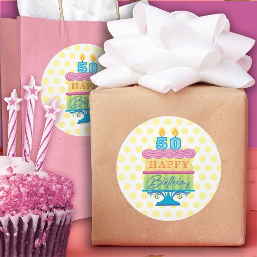 Sticker Rond 50e Joyeux gâteau d'anniversaire Dots jaunes
