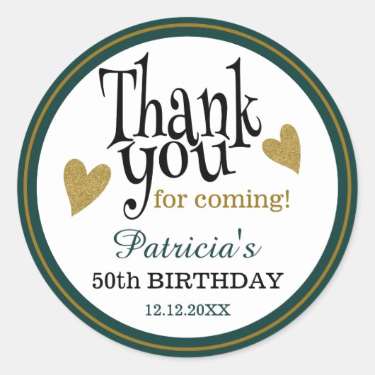 Sticker Rond 50th Birthday Green Black And Gold Thank You Favor (Devant)