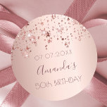 Sticker Rond 50th birthday party rose gold shiny stars glittery<br><div class="desc">A sticker, favor tag for a girly 50th birthday party. A faux rose gold metallic looking background with an elegant rose gold, copper colored dripping shining stars. Template for name, date age 50. The name is written in dark rose gold with a large modern hand lettered style script. Perfect as...</div>
