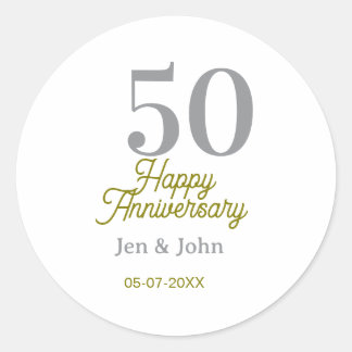 Sticker Rond 50th happy anniversary name date silver gold date