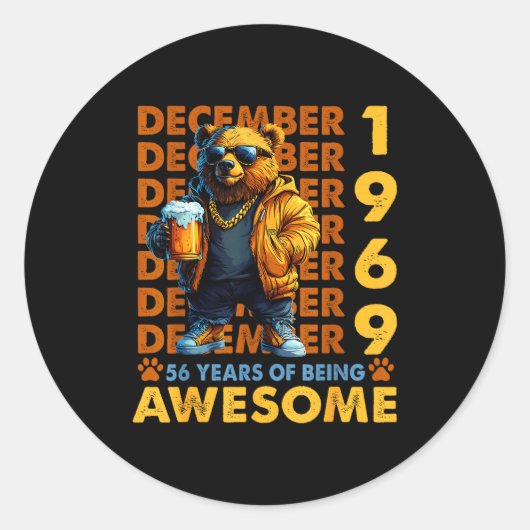 Sticker Rond 56th Birthday Bear Legends December 1969 56 Years  (Devant)
