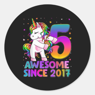 Sticker Rond 5 Ans Unicorne Flossant 5e Anniversaire Girl Uni