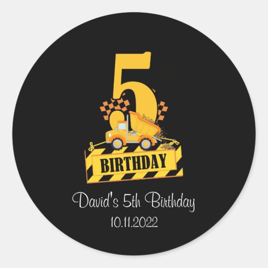 Sticker Rond 5e anniversaire Camion de construction noir et jau (Devant)