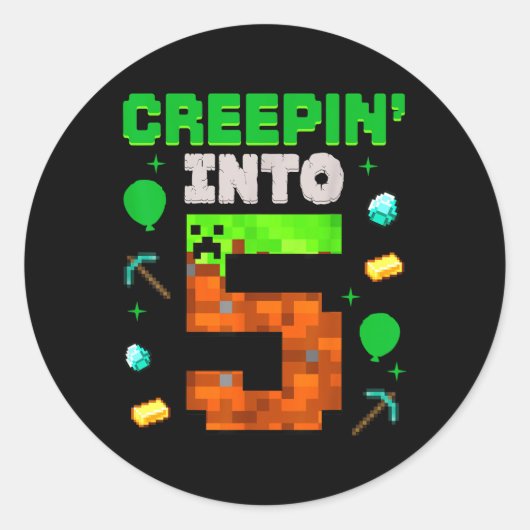 Sticker Rond 5e Anniversaire Gamer Pixel Creepin’ In 5 Video Ga (Devant)