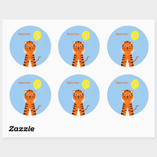 Sticker Rond 5e anniversaire tiger ajouter nom bleu orange (Feuille)