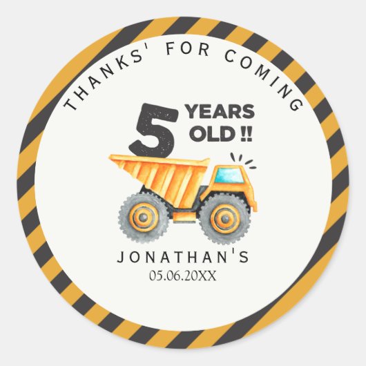Sticker Rond 5th birthday boy construction truck (Devant)