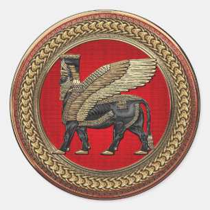 Sticker Rond [600] Assyrian Winged Bull : Gold and Black Lamass