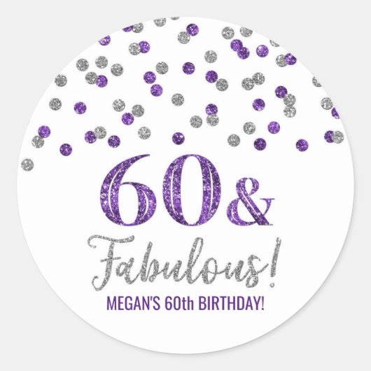Sticker Rond 60 & Fabuleux Anniversaire Silver Purple Confetti (Devant)