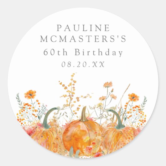 Sticker Rond 60e anniversaire Citrouille Fleur sauvage personna (Devant)