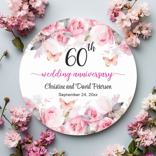 Sticker Rond 60e anniversaire de Mariage Elegant Blush Roses