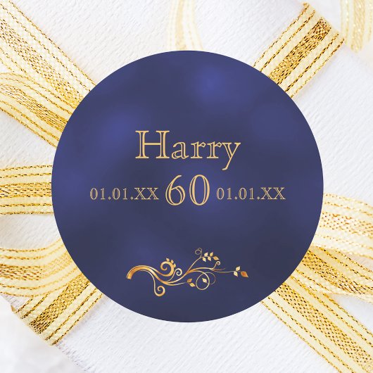 Sticker Rond 60e anniversaire élégant bleu foncé et or