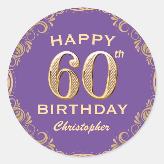 Sticker Rond 60e anniversaire fête violet et Parties scintillan (Devant)