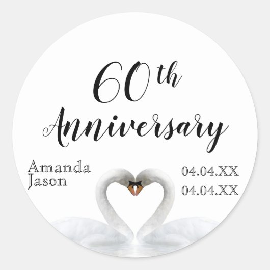 Sticker Rond 60e anniversaire mariage cygnes blancs dans les no (Devant)