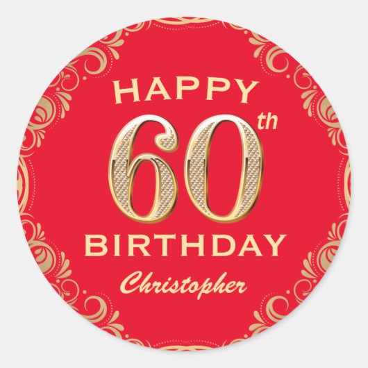 Sticker Rond 60e anniversaire Parties scintillant rouge et or c (Devant)
