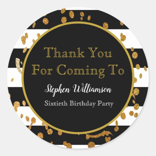 Sticker Rond 60e fête d'anniversaire| Black White Gold Merci (Devant)