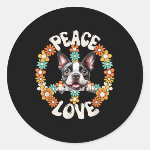 Sticker Rond 60s les années 70 Super Peace Love Boston Terrier