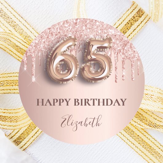 Sticker Rond 65e anniversaire rose gouttes rose or