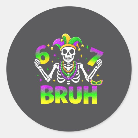Sticker Rond 67 Bruh Mardi Gras Skeleton For Kids Boys Men New  (Devant)