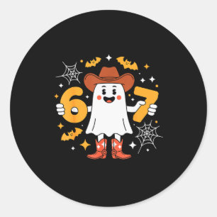 Sticker Rond 6 7 Fantôme d'Halloween 67 Mème Gen Alpha Six Sept