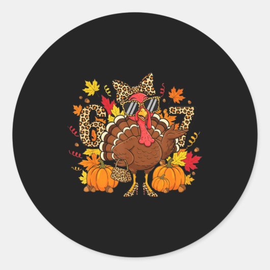 Sticker Rond 6 7 Thanksgiving Funny Leopard Bow Turkey Six Seve (Devant)