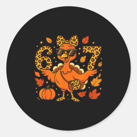 Sticker Rond 6 7 Thanksgiving Funny Leopard Bow Turkey Six Seve (Devant)