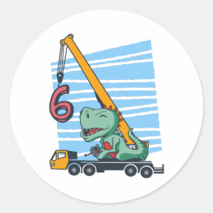 Sticker Rond 6 ans 6e anniversaire grue mobile dinosaure
