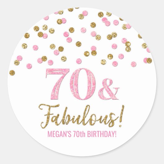 Sticker Rond 70 & Fabuleux Anniversaire Pink Gold Confetti (Devant)