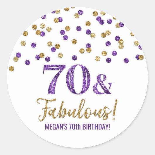 Sticker Rond 70 & Fabuleux Anniversaire Purple Gold Confetti (Devant)
