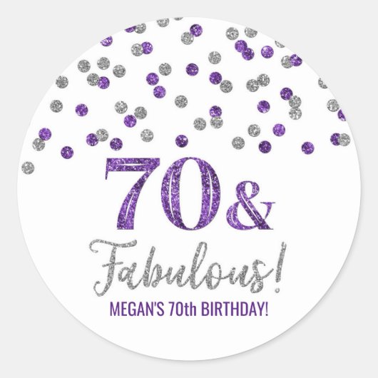 Sticker Rond 70 & Fabuleux Anniversaire Violet Argent Confetti (Devant)
