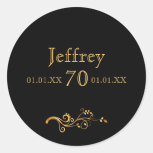 Sticker Rond 70e anniversaire noir or monogramme nom mec