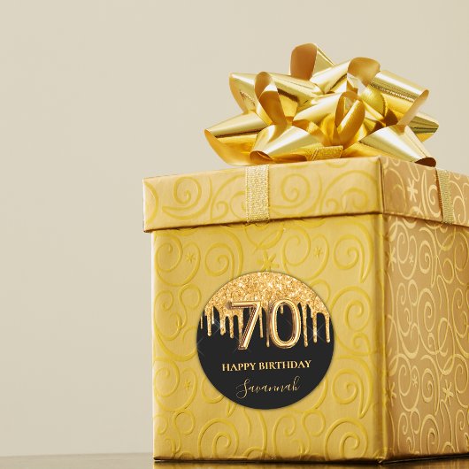 Sticker Rond 70e anniversaire parties scintillant en or noir ba