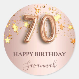 Sticker Rond 70e anniversaire rose or étoiles rose ballons poli