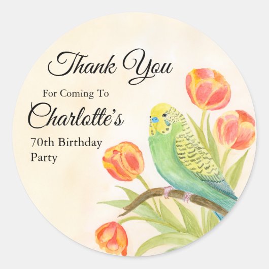 Sticker Rond 70th Birthday Party Parakeet with Tulips  (Devant)