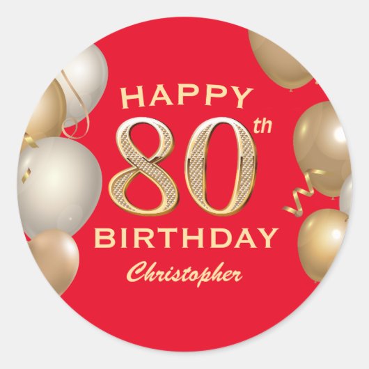 Sticker Rond 80e Anniversaire des Ballons Rouge et Or (Devant)
