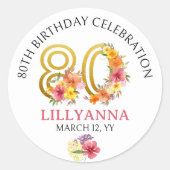 Sticker Rond 80e anniversaire Floral Gold Numéro 80 Personnalis (Devant)