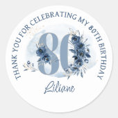 Sticker Rond 80e anniversaire Floral Numéro Merci bleu côtier (Devant)