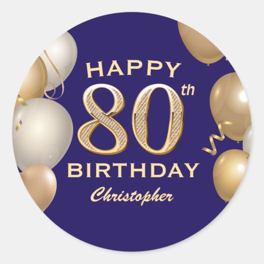 Sticker Rond 80e Anniversaire Marine Bleu et Ballons d'or (Devant)