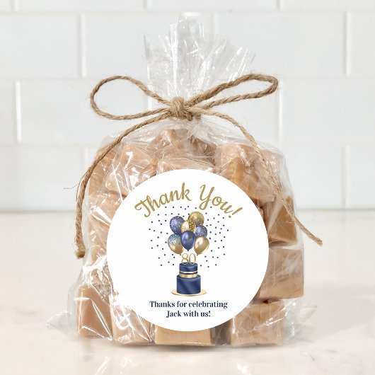 Sticker Rond 80e anniversaire Marine Blue Balloon Cake Merci