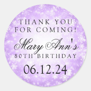 Sticker Rond 80e anniversaire Merci violet hiver Wonderland