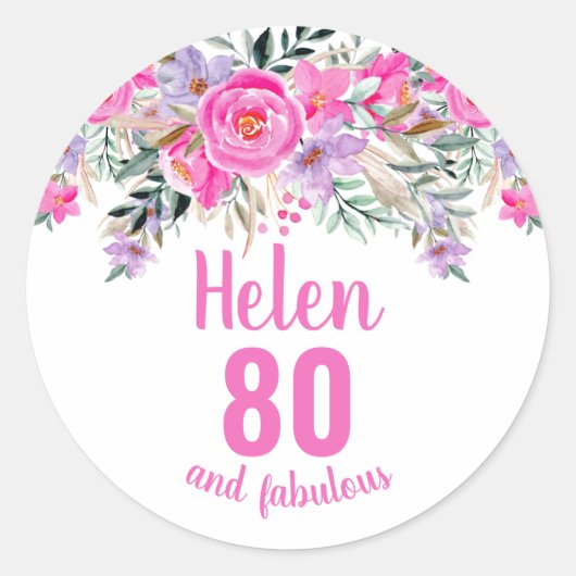 Sticker Rond 80e anniversaire rose aquarelle floral (Devant)