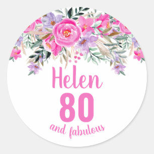 Sticker Rond 80e anniversaire rose aquarelle floral