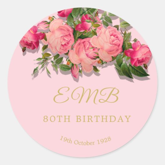 Sticker Rond 80e anniversaire Rose Roses Floral 80e (Devant)