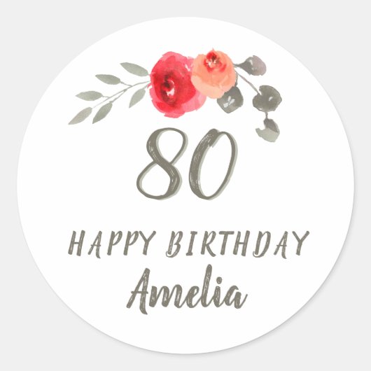Sticker Rond 80e anniversaire Script Aquarelle Floral Femme (Devant)